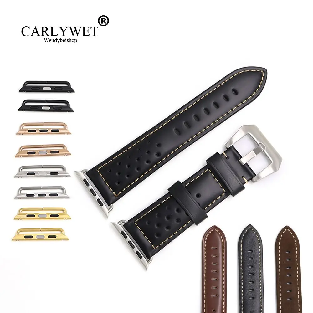 

CARLYWET 38 40 42 44mm Smooth Black Brown Suede Real Calf Leather Replacement Wrist Watch Band Loops For Iwatch Series 4/3/2/1