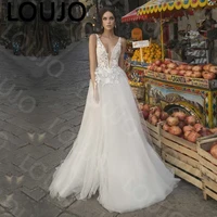 luojo beach wedding dress v neck appliques lace tulle long wedding dress vintage a line backless white ivory bridal dress