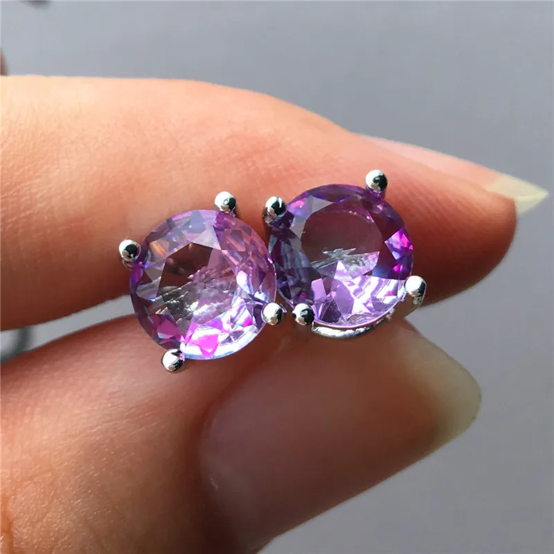 Purple Pink Earrings Радужные огненные хрустальные круглые серьги-гвоздики для женщин 925 Серебряные Красочные фиолетовые Зеленые Синие циркониевые свадебные серьги простые ювелирные изделия - Окраска металла: Purple Pink Earrings