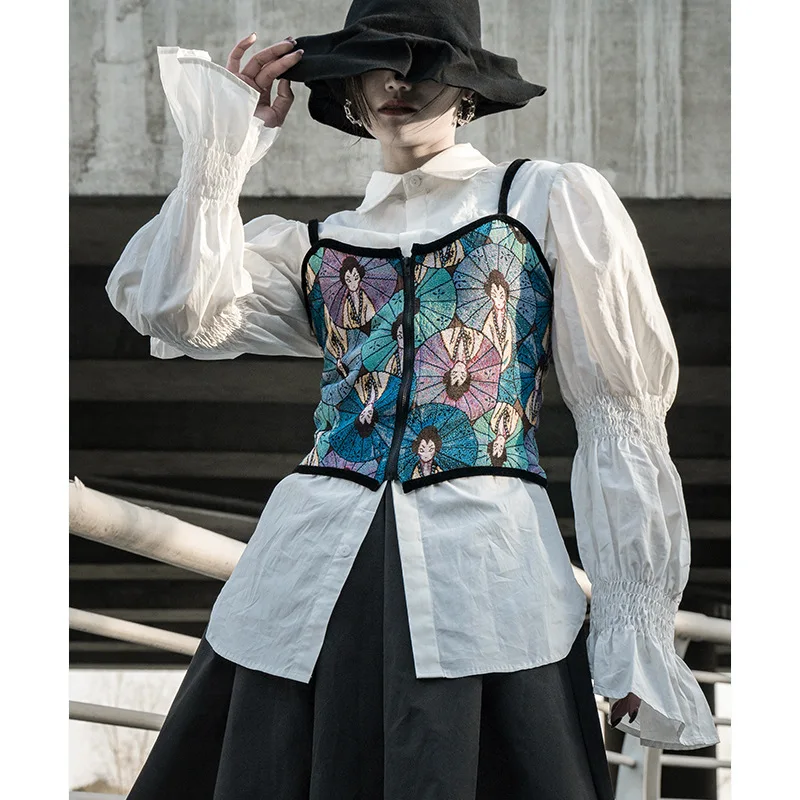 UMI MAO Spring Camisole Japanese Print Slim Retro Jacquard Short Outerwear Temperament Crop Top Women Y2k Clothes