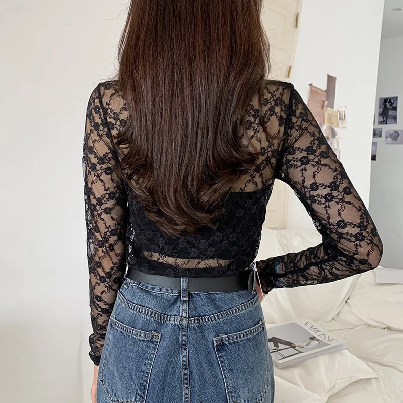 

#4366 Summer Black White Beige Long Sleeve T Shirt Women Hollow Out Slim Sexy See Through Clothes Lace T-shirt Female Turtleneck