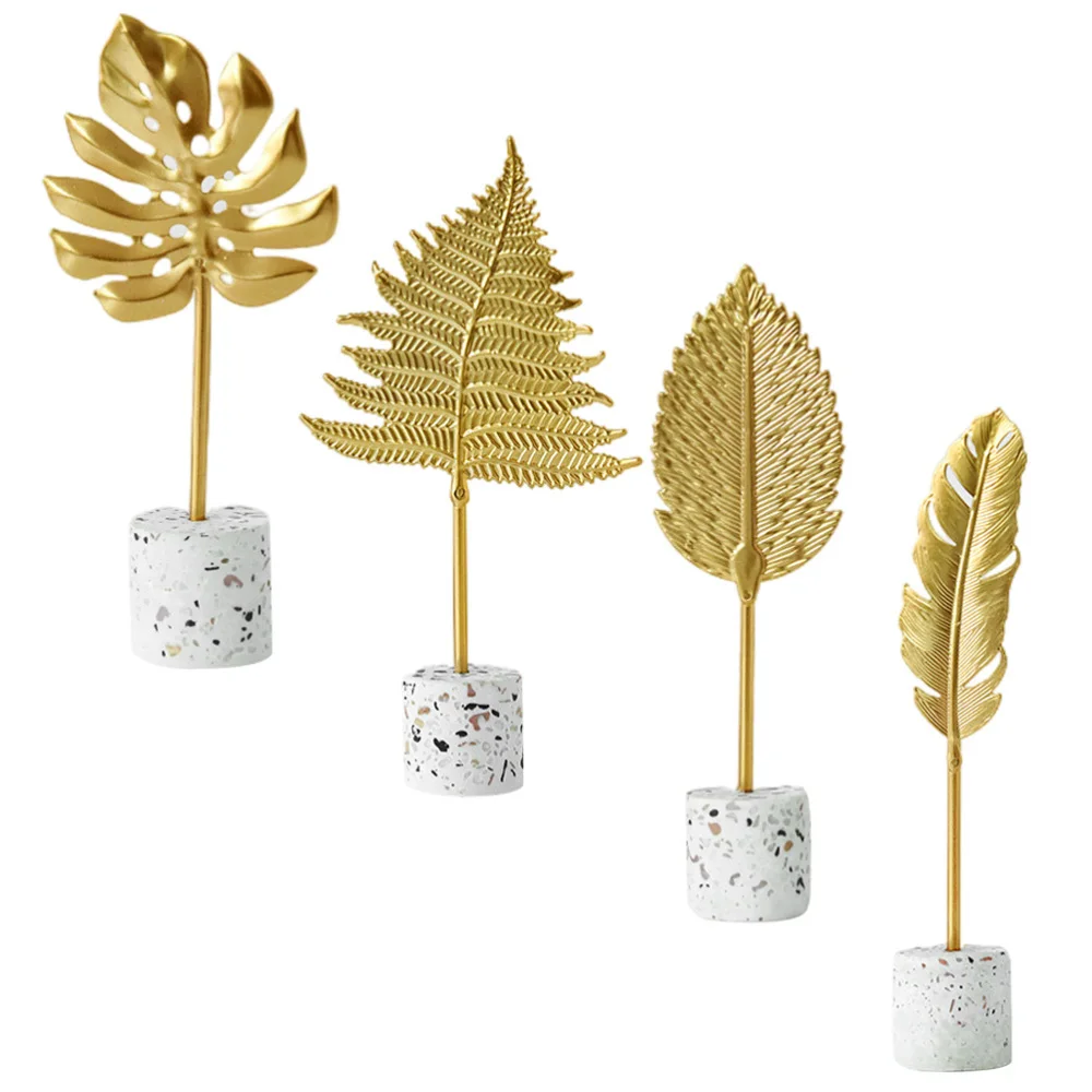 

4Pcs Creative Decorative Leaf Craft Marble Base Metal Adorn Home Decor Golden