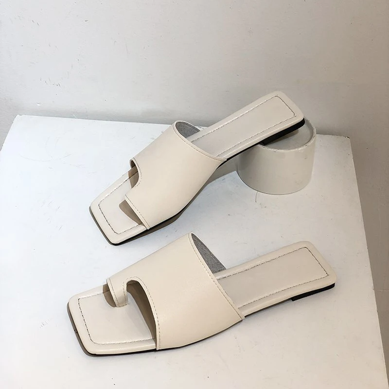 

Women Clip Toe Slippers Casual Flats Ladies Slides Summer Shoes PU Fashion Square Toe Comfort Plus Size Female Footwear New