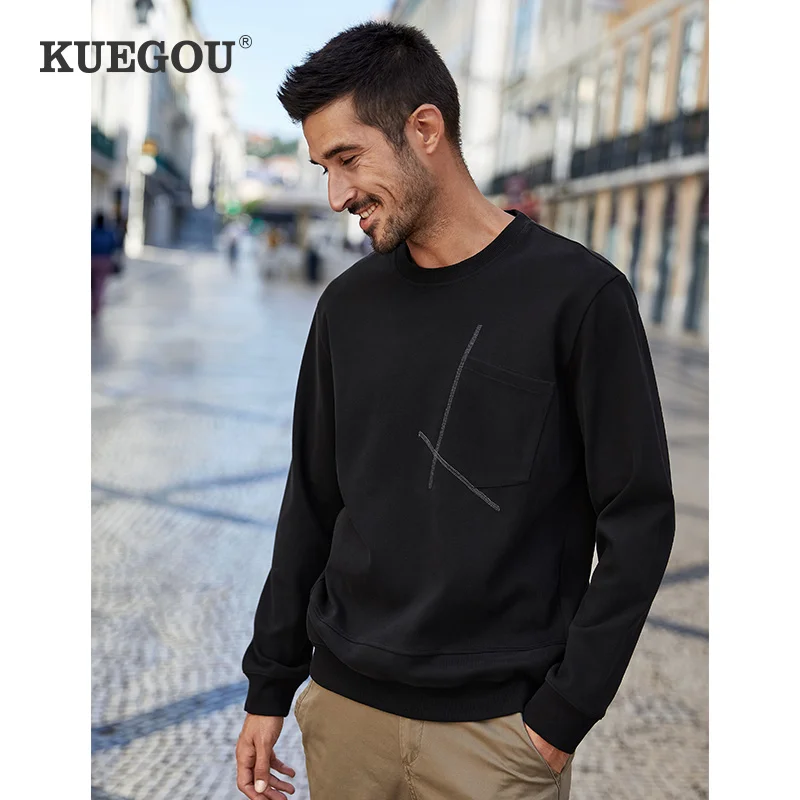 

KUEGOU 2022 Spring Crewneck Sweatshirt Men Plain Fashion Vintage Trendy Streetwear Designer Tracksuit Male Oversize Clothes 8930