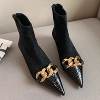 women 2021 ankle short sock boots low high heels female ladies modern fashion autumn winter stretch fabric booties metal shoes