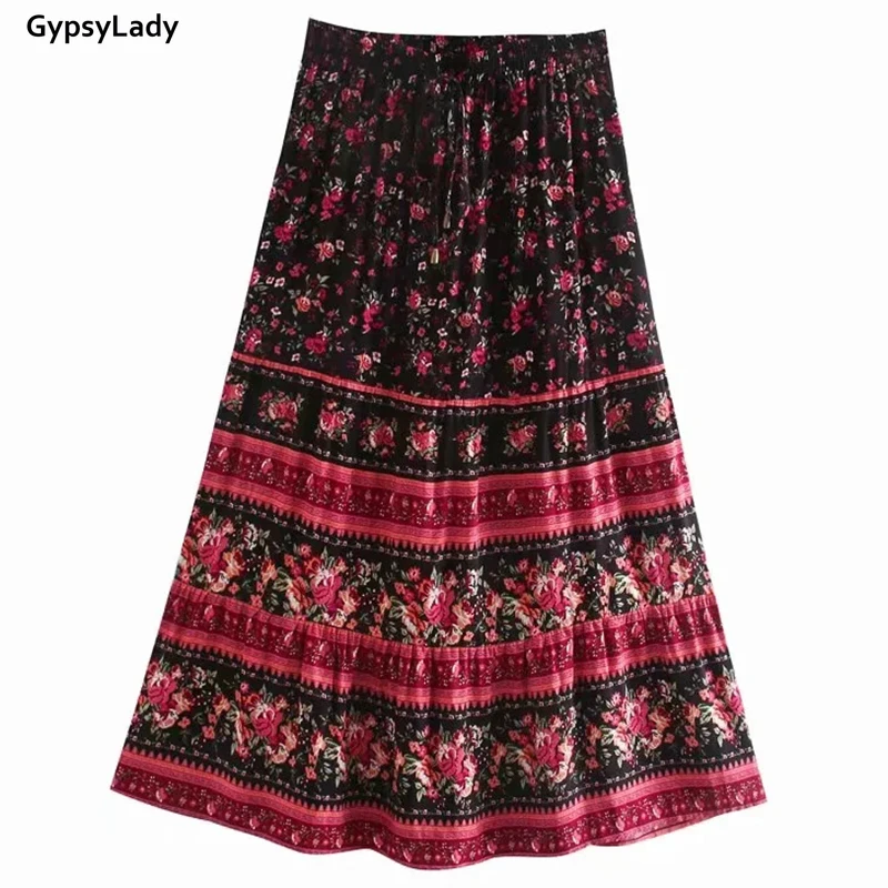 

GypsyLady Floral Boho Maxi Skirt Holiday Beach Vintage Long Women Skirts Elastic Waist Lace Tie Up Girls Black Red Casual Skirt