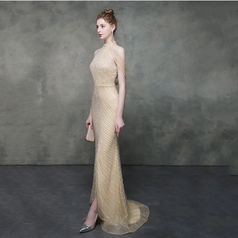 

Sexy Lady Qipao Evening Party Gown Backless High Split Trailing Prom Dress Exquisite Bling Rhinestone Mermaid Robe De Soiree