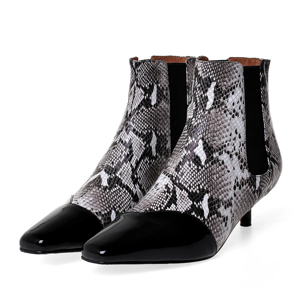 

Plus Size 34-43 Genuine Leather Mixed Colors Boots Snake Print Arrival Ankle Boots Riding Shoes Women Fashion High Heels Booties
