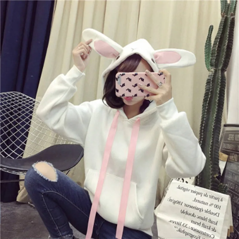 

Rabbit Ear Hoodie Women Kawaii Winter Plush Thickened Hoodies Harajuku Cartoon Fashion Embroidery Sweatshirt Oversized Clothes