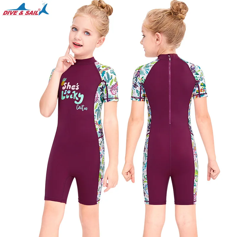 

Kids One Piece Sunscreen Surfing Swimsuit Girl Water Sport Short Sleeve UPF 50+ Sun Protection Bathing Suit Rashguard Beach Wear