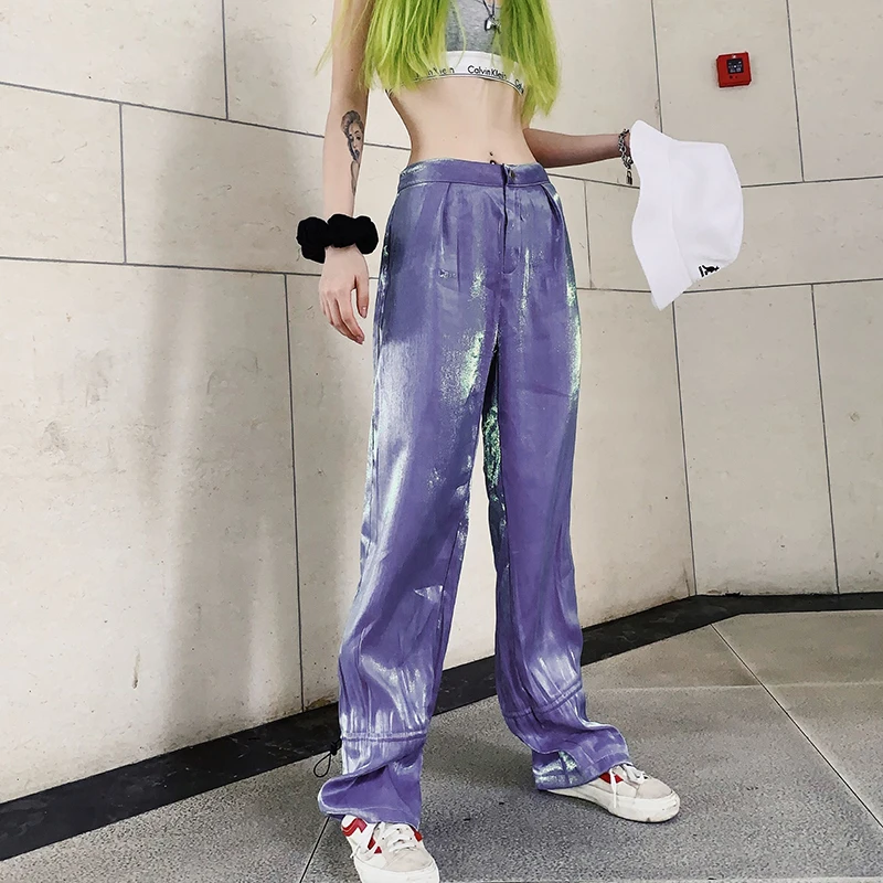 Голографические повседневные расклешенные брюки клеш хип хоп с высокой талией
