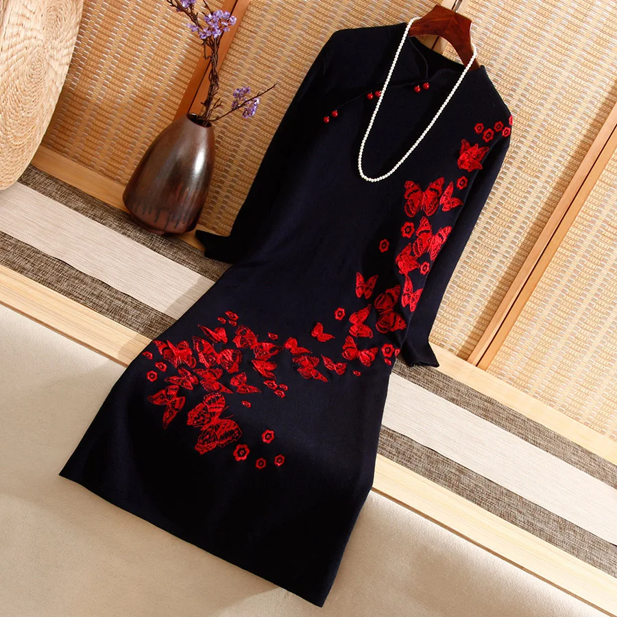 Высококачественный Зимний вязаный свитер с вышивкой бабочки женское платье