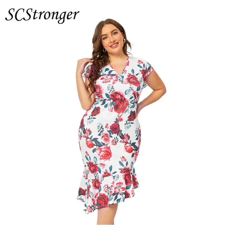 

SCSTRONGER Summer New Style Plus Size Polyester Dress Printed Short Sleeved V Neck Ruffled Hip Skirt Платья Для Женщин 2021