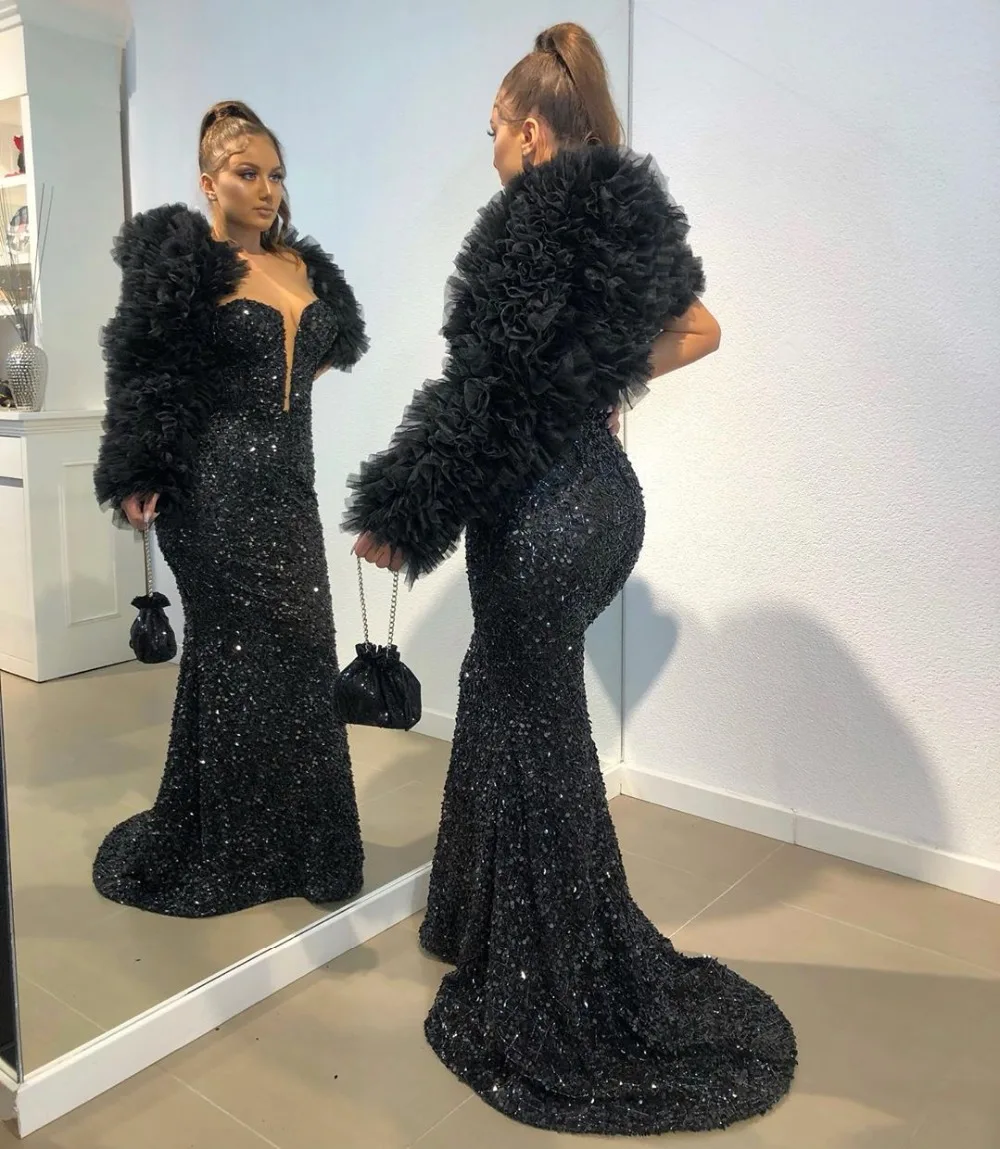

Sparkly Sequined Black Mermaid Prom Dresses 2020 New Tull Sweep Strain Scoop Neck One Shoulder Formal Evening Dress Party Gowns