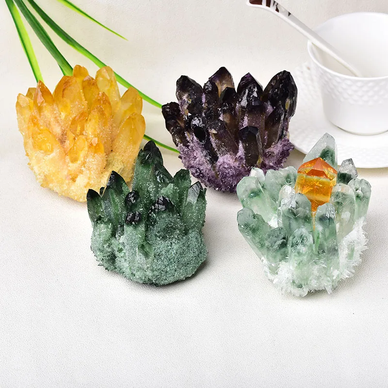 Кластер натуральные кристаллы Образец аметиста минеральная руда желтый зеленый