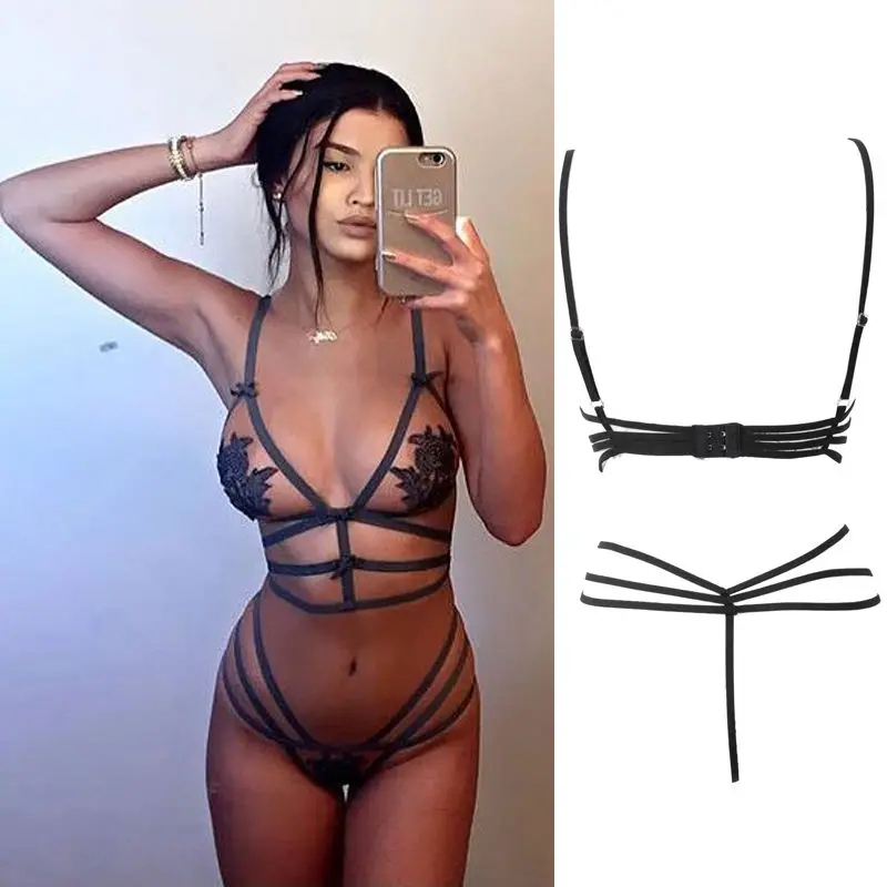 

Sexy Lace Lingerie Set Women G-string Underwear Babydoll Exotic Apparel Hot Erotic Nightwear Bandage Sissy Open Bra