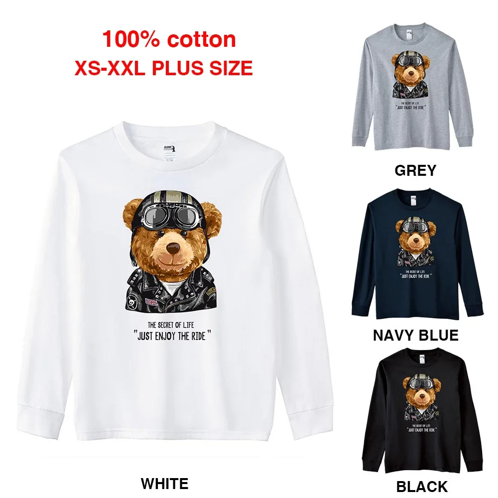 

BLINGPAW Spring/Autumn Teddy Bear Just Enjoy The Ride Graphics Unisex Long Sleeve T-Shirt O-Neck Tops Casual 100% Cotton