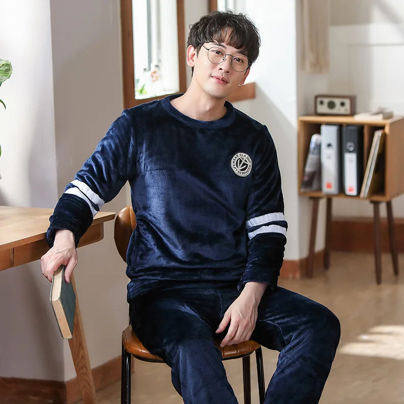 Мужской пижамный комплект на осень и зиму теплые фланелевые утолщенные Мужские