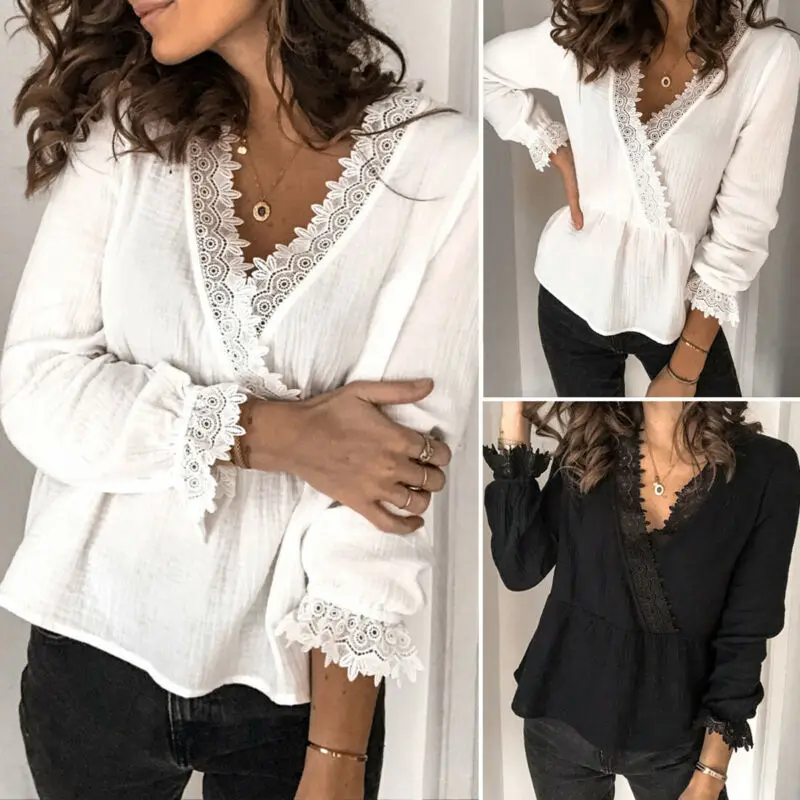 

Women's Shirts Casual V Neck Lace Loose Top Ladies Long Sleeve Tops Blouse