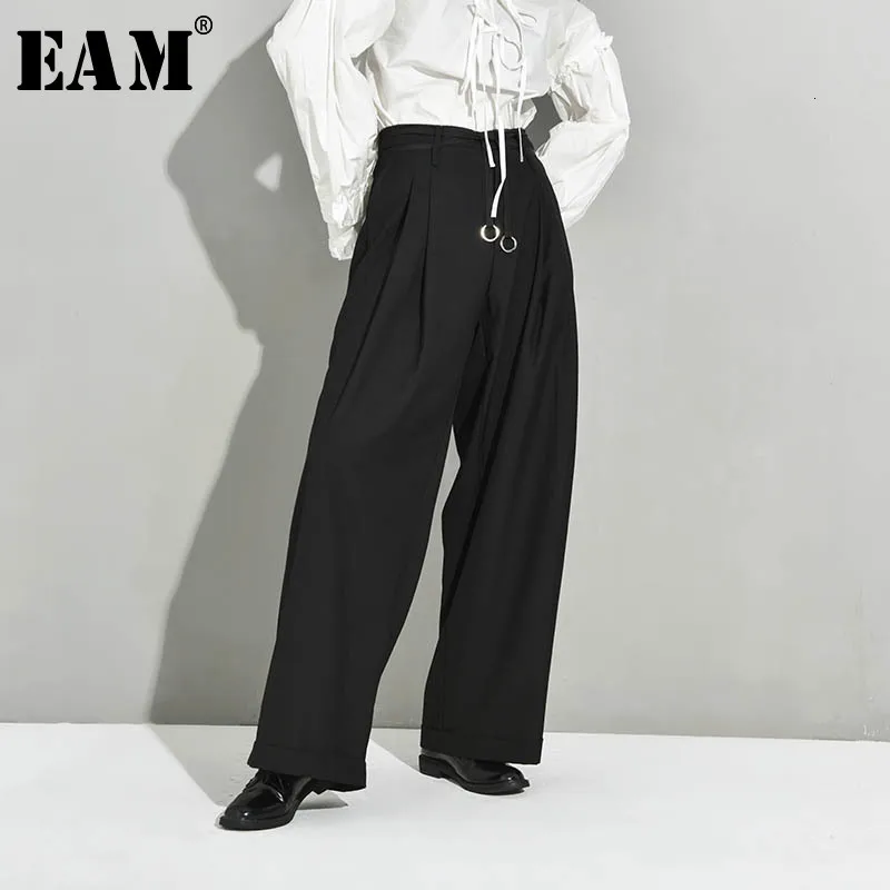 

[EAM] High Waist Black Pleated Bandage Long Wide Leg Trousers New Loose Fit Pants Women Fashion Tide Spring Autumn 2022 JX39901