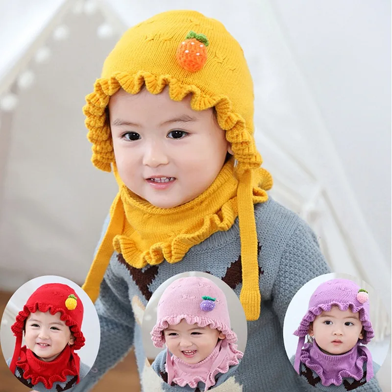 

Spring Newborn Baby Hats Handmade Wool Ear Knitting Hats Monolayer Lotus Leaf Yarn Warmer Caps Kids Hats New Unisex
