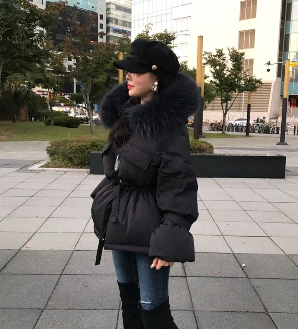 Женская одежда короткое пальто женское зимнее однотонное корейское свободный пояс Талия утолщение большой меховой воротник пуховое хлопковое пальто для женщин