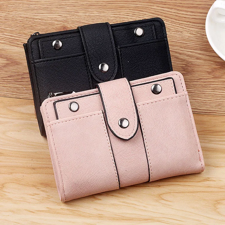 

Women New Short Zipper Wallet Retro Frosted Lady Student 3 Fold Small Coin Purse Studded Buckle Mini Wallet