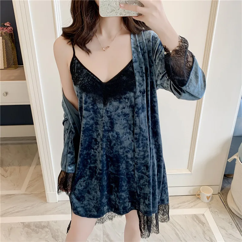 Комплект женский бархатный из 2 предметов пикантная одежда для сна с кружевом