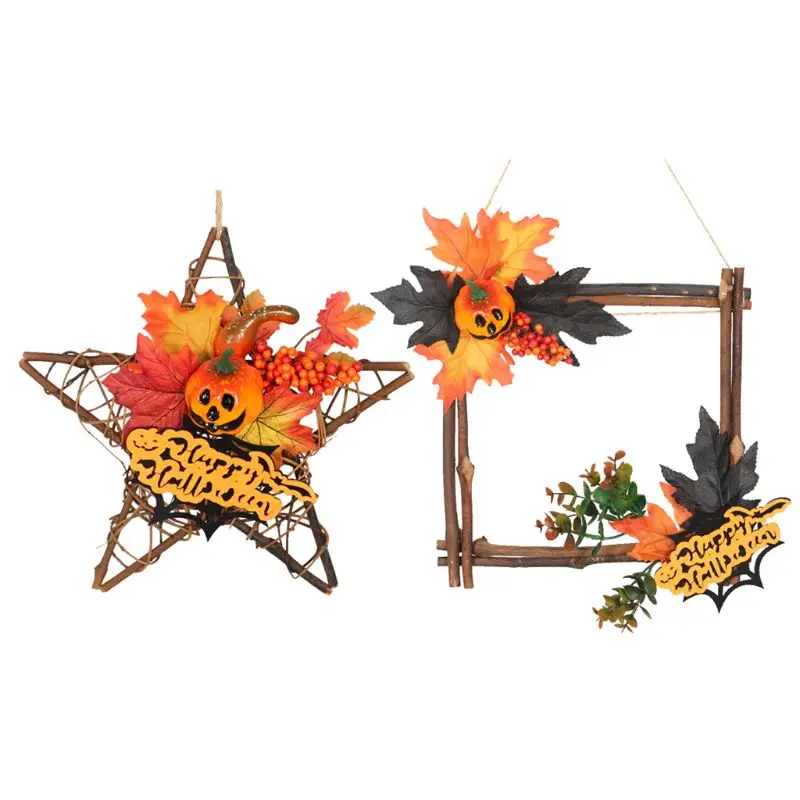 

Wooden Halloween Decoration Wreath Leaf Pumpkin Rectangle Star Hanging Ornament E7CB