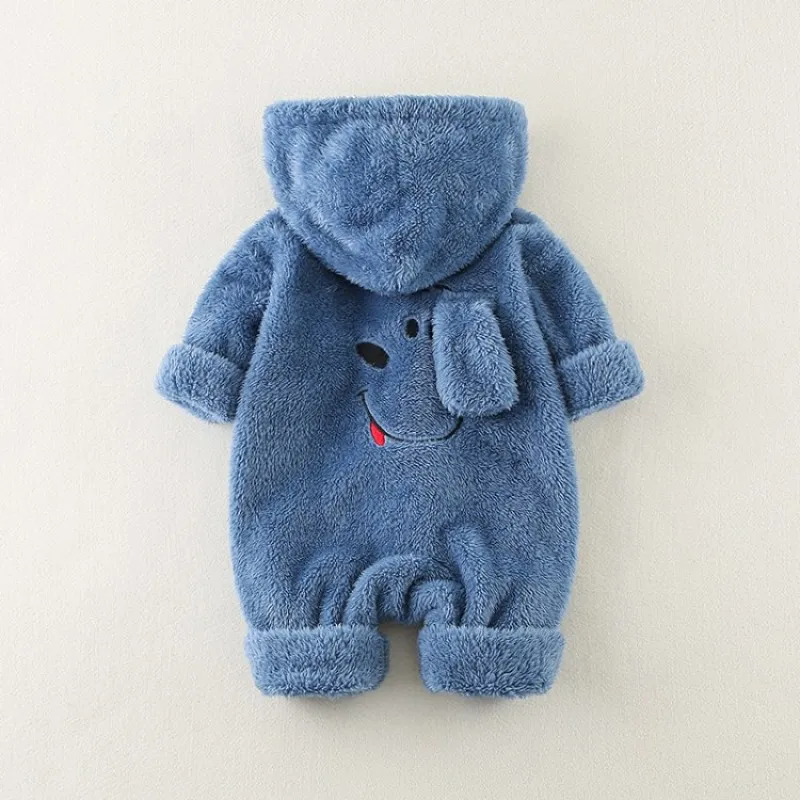 

Newborn Baby Romper Button Hooded Cartoon Dog Jumpsuits Winter Warm Outerwear Thick Velvet Cotton Coat Rompers