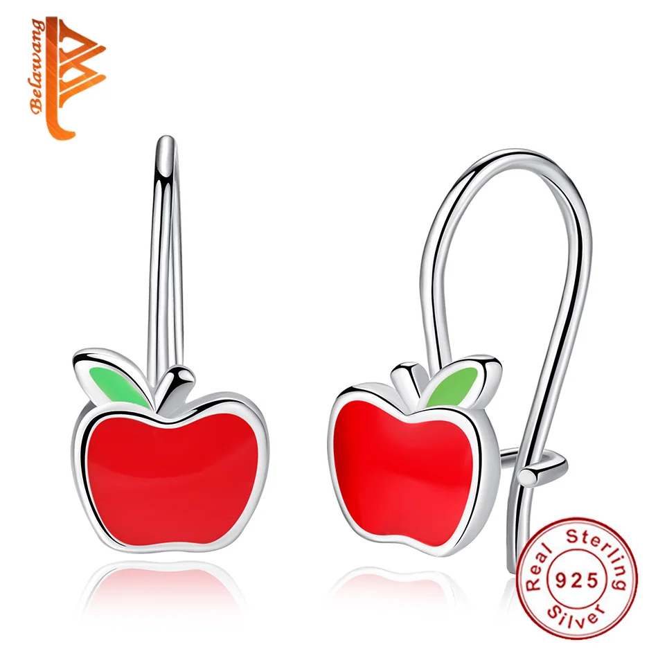 

BELAWANG Fashion Lovely Cute Red Enamel Apple Stud Earrings Female 925 Sterling Silver Earrings for Children Girls