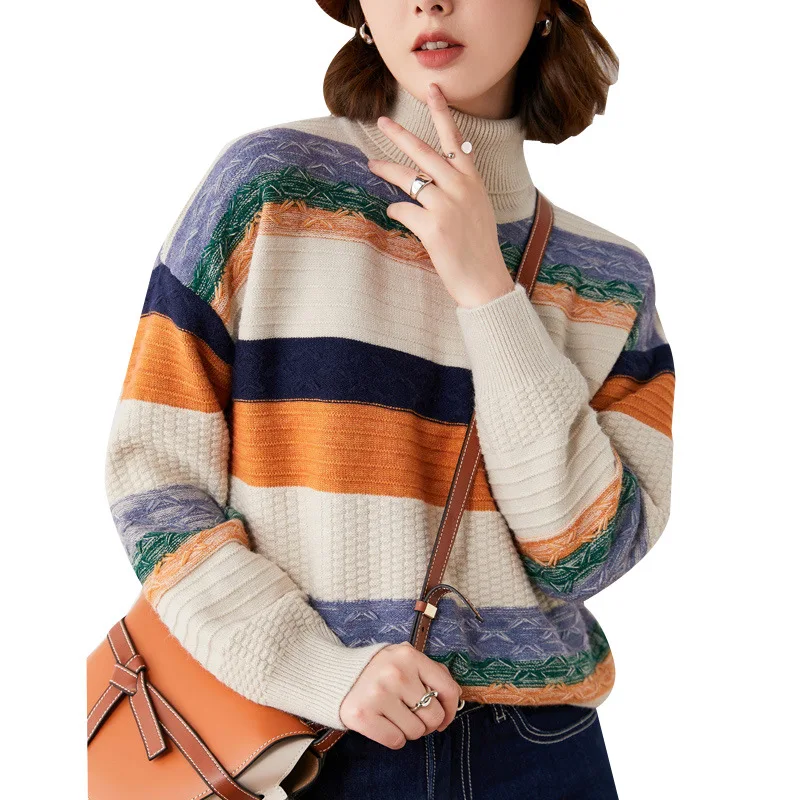 

Autumn women's Cashmere knitted sweater women Pullovers winter thicker loose color stripe base wool sweater women jumpers