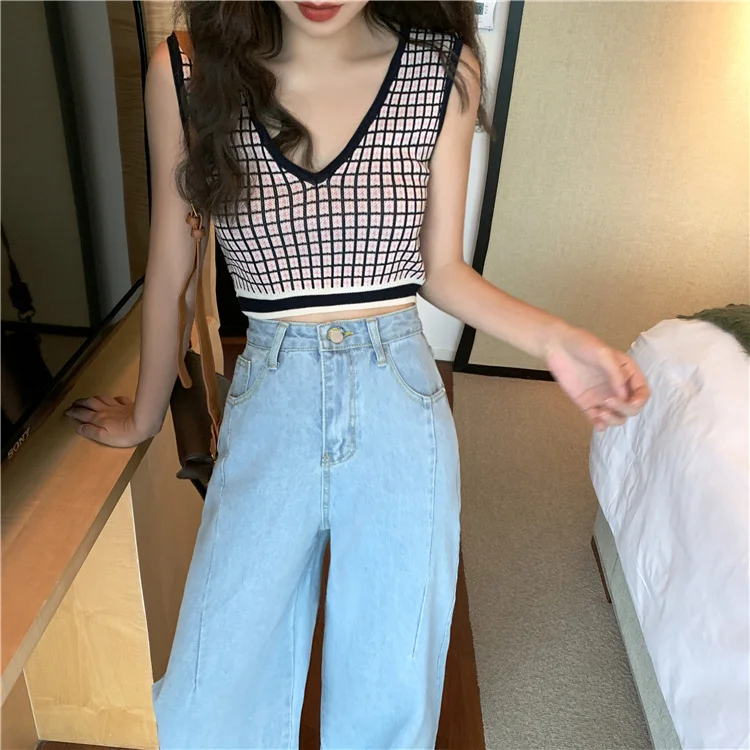 

Chunyang Style Color-Contrast Check Knitted Vest Women's Fashion Ins Outer Wear Tight Waist Slimming and Short Sleeveless Top