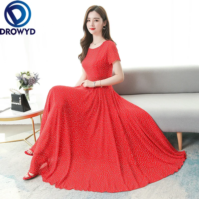 

Summer Maxi Dress Fashion Women Red Print Sexy O-neck Thin Chiffon Boho Vacation Tropical Party Elegant Runway Dresses Vestidos