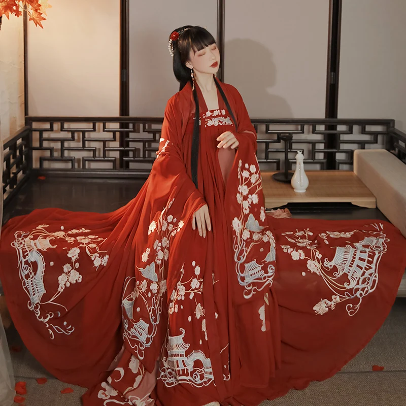 

Red Hanfu Embroidery Lady Stage Performance Chest Length Women Long Sleeve Dance Dressing Novelty Hem 6M Cosplay Costumes