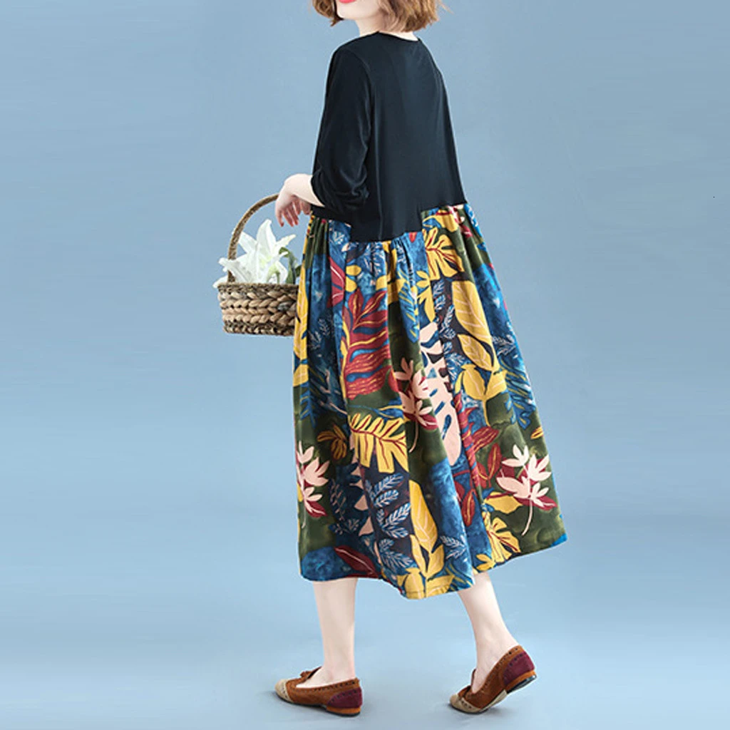 Women Dress Round Collar Cotton Color Collision Print Long Sleeve Female Autumn Winter Casual Plus Size M840# | Женская одежда