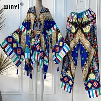 winyi two piece suit kimono straight leg pants bohemian printed over size star dress women elastic silk floor length new fashion