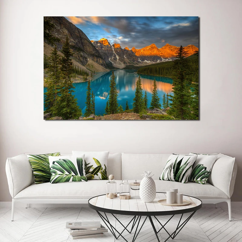 

Sunset Mountain Forest Moraine Lake Art Canvas Poster Painting Oil Wall Picture Print Modern Home Bedroom Decoration Accessories
