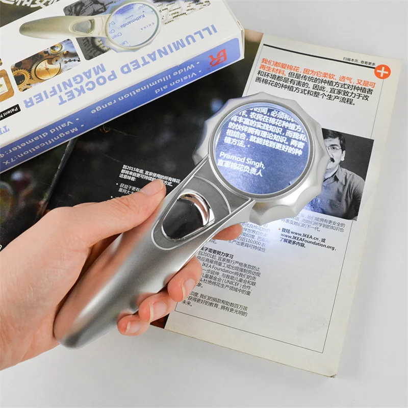 

Handheld 7X Illuminated Magnifier Portable Magnifying Glass for Reading Books Elderly Old Man Hand Lupa With 6 Ring LED Lights