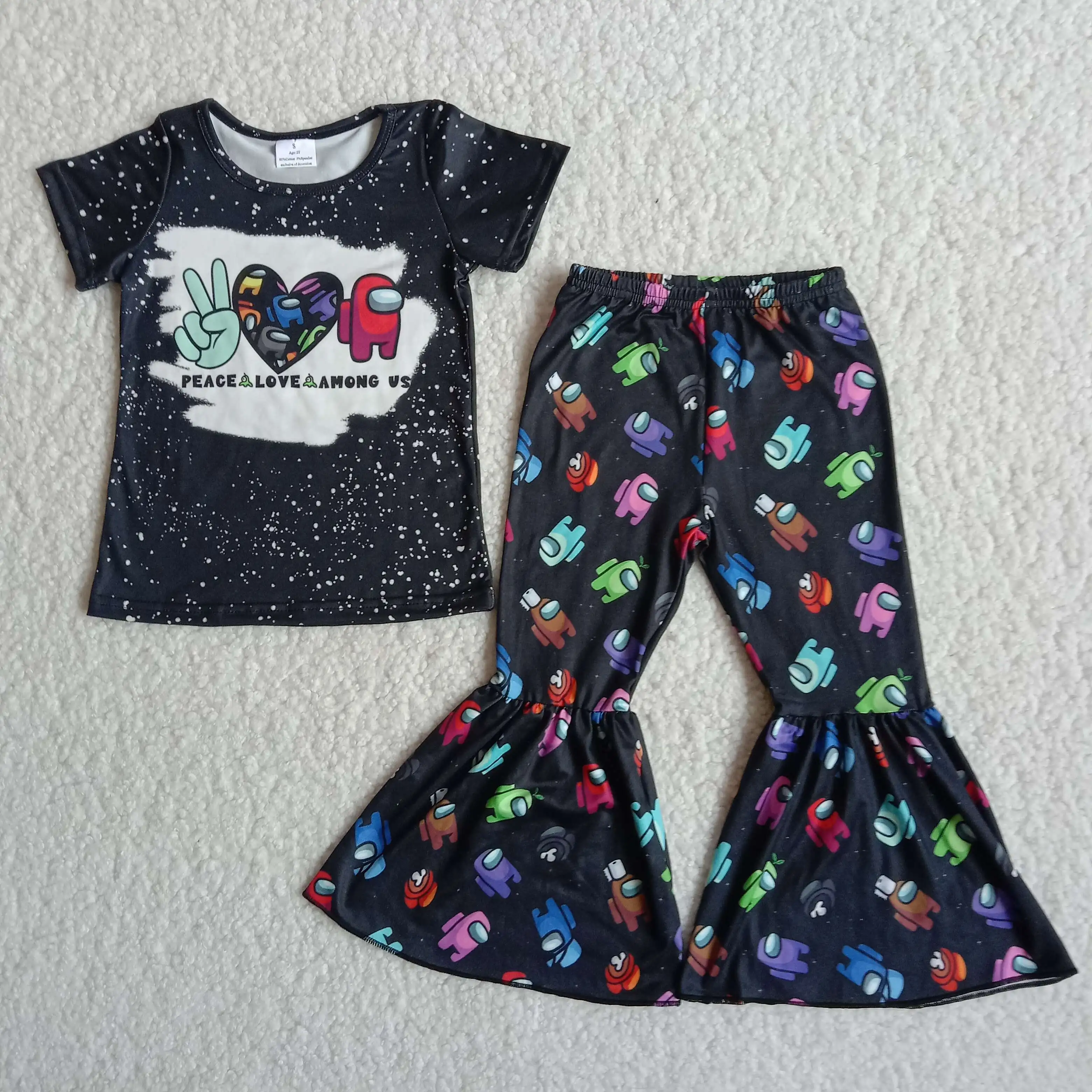 

Hot Sale Outfit Peace Love Games Bell Bottom Pants Baby Girls Boutique Clothing Set