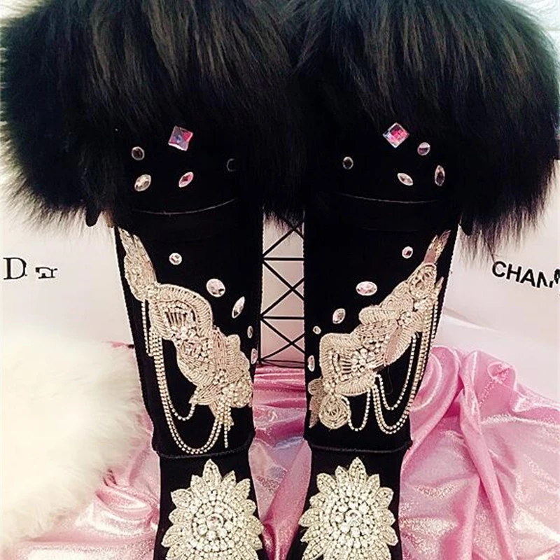 Сапоги-Стразы ручной работы с цепочкой Сапоги выше колена на меху Кожаные