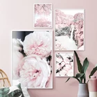 Постер с принтом в скандинавском стиле, настенная Картина на холсте с розовыми цветами вишни, пионами, гвоздикой, цветами гор, для украшения комнаты