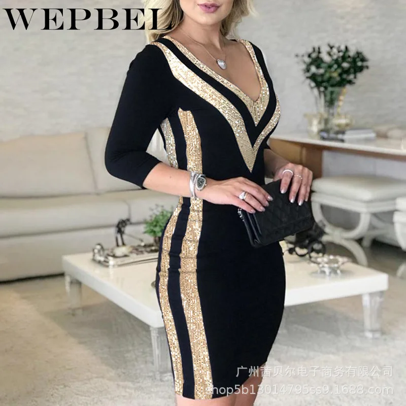 

WEPBEL Women Autumn Elegant V Neck Patchwork Pencil Dress Casual Ladies Long Sleeve Sequins Skinny Bodycon Dress