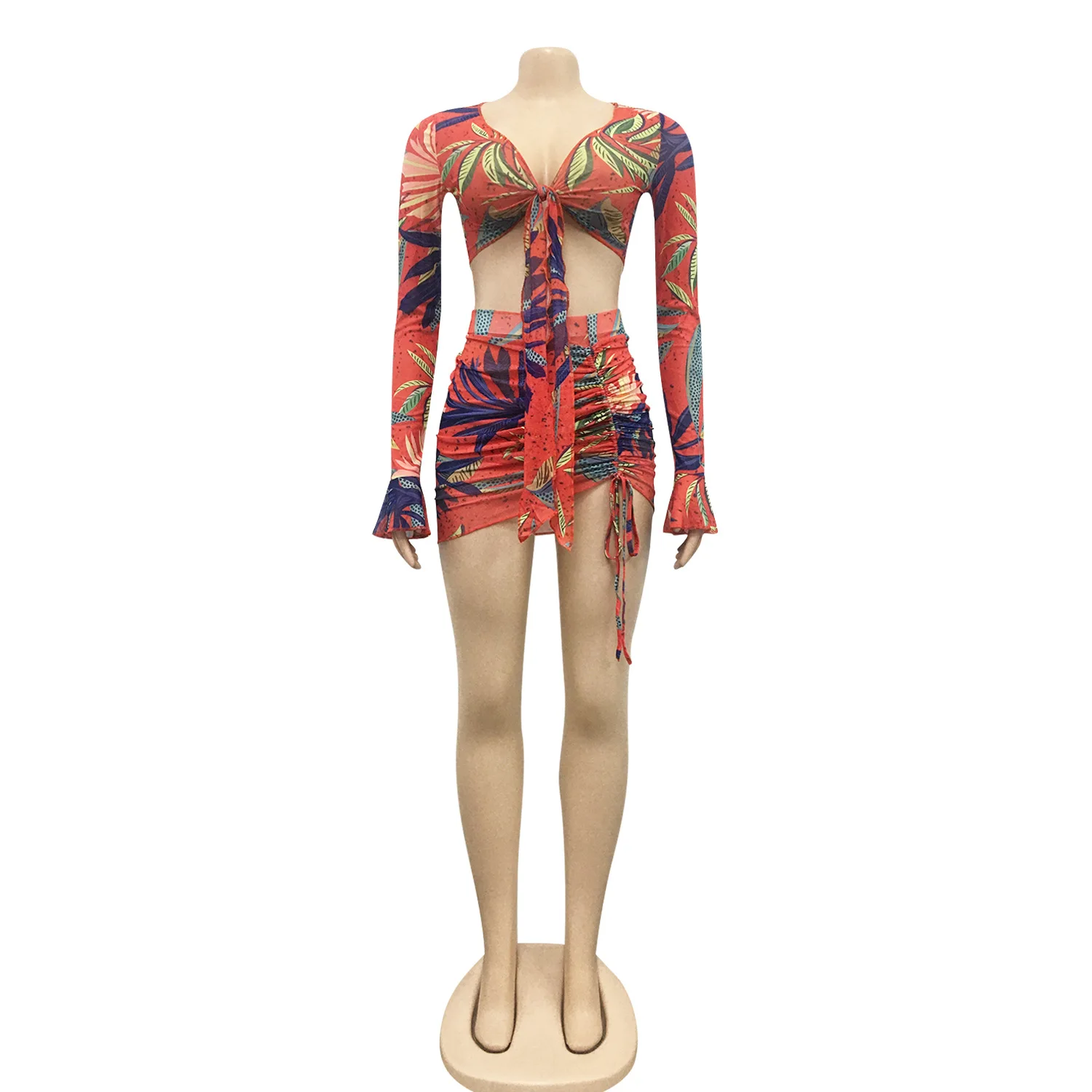 

Zoctuo Sexy Leaf Digital Print Mini Skirt Set Women Long Sleeve Lace Up Crop Top Two Piece Set Deep V Neck Pleated Skirt Sets