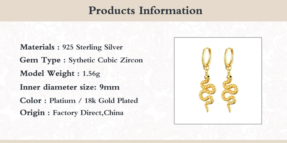 

Romad 100% 925 Sterling Silver Punk Snake Earrings Drop Dangle Pendant Huggie Earrings For Women Fine Jewelry pendientes W4