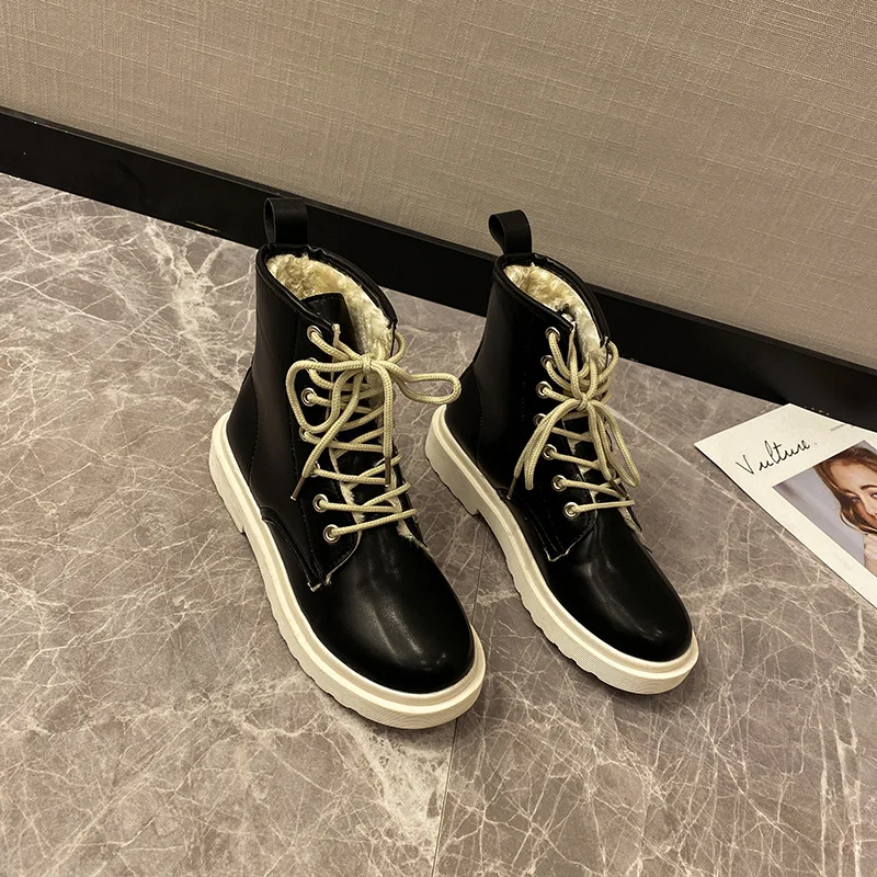 

New Spring Women Ankle Boots Lace Up Solid Leather Boots Thick Sole Booties Female British Students Martin Boots Shoes Woman