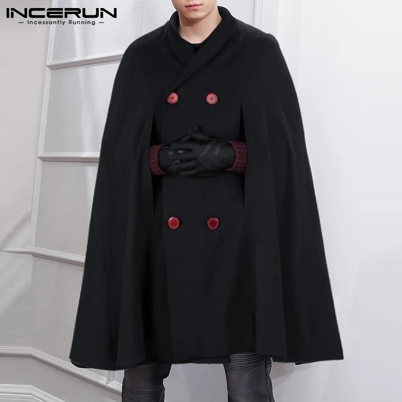 

Fashion Men Cloak Coats Solid Color Lapel Double Breasted Loose Faux Wool Blends Trench Streetwear 2021 Ponchos Men INCERUN 5XL