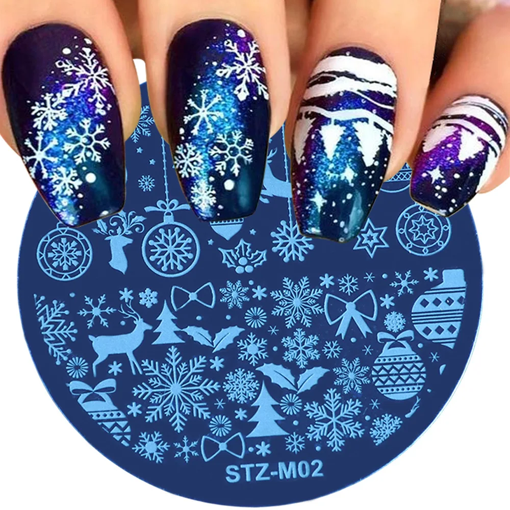 

Nail Stamping Plates New Christmas Tree Snowflake Snowman Socks Bear Deer Stars Image Round Shape Nail Art Template Stencil