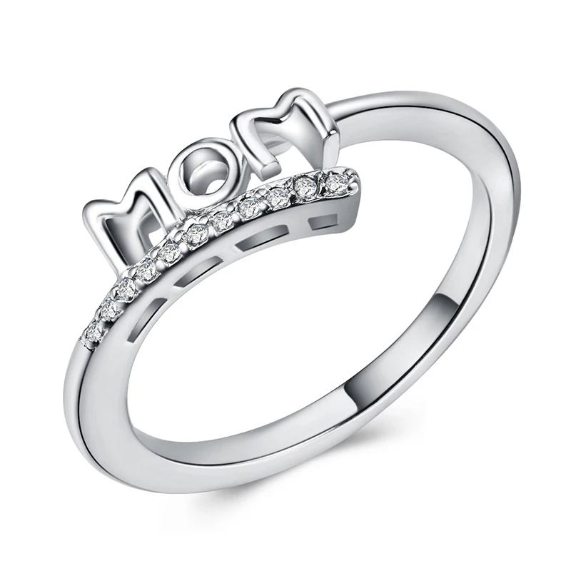 

Simple Exquisite Silver Plated Carving Letter "MOM" Rings For Women White CZ Stone Inlaid Mother's Birthday Gift Fashion Jewelry