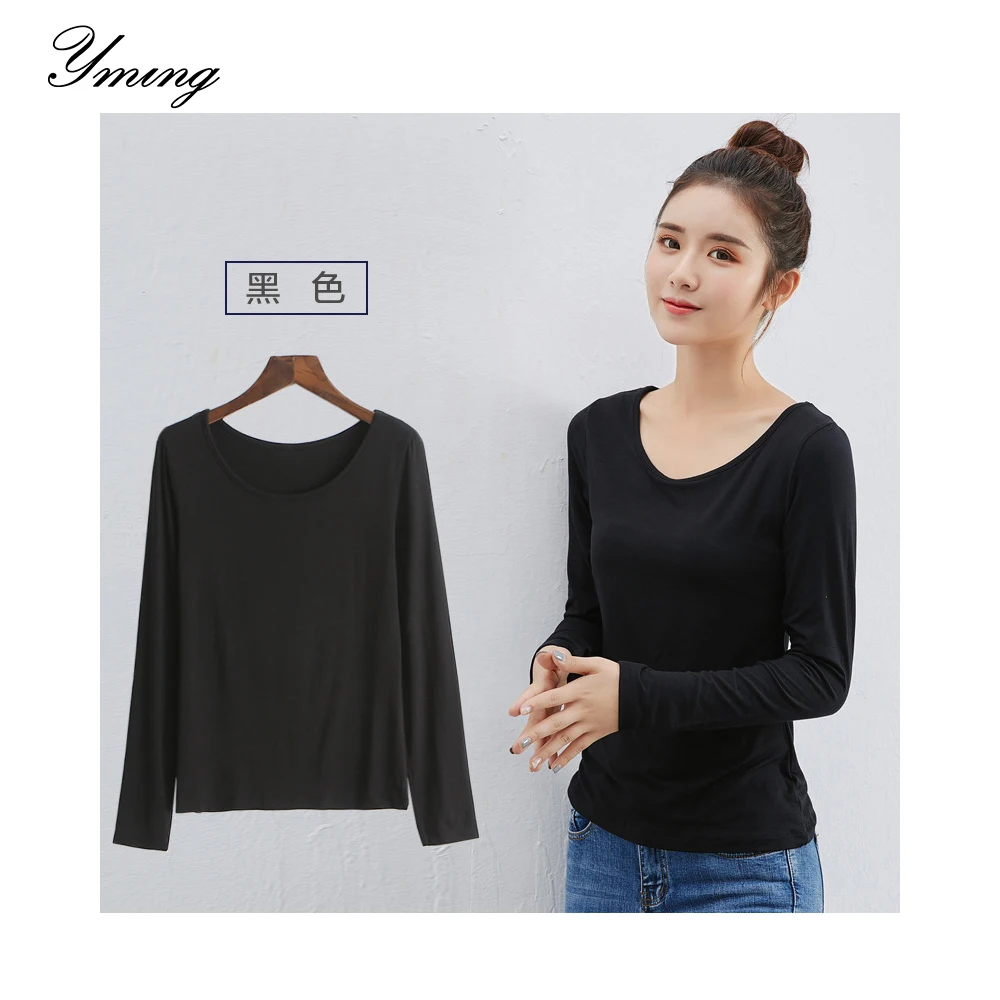 YMING Женская майка с длинным рукавом футболка весна и осень круглый воротник
